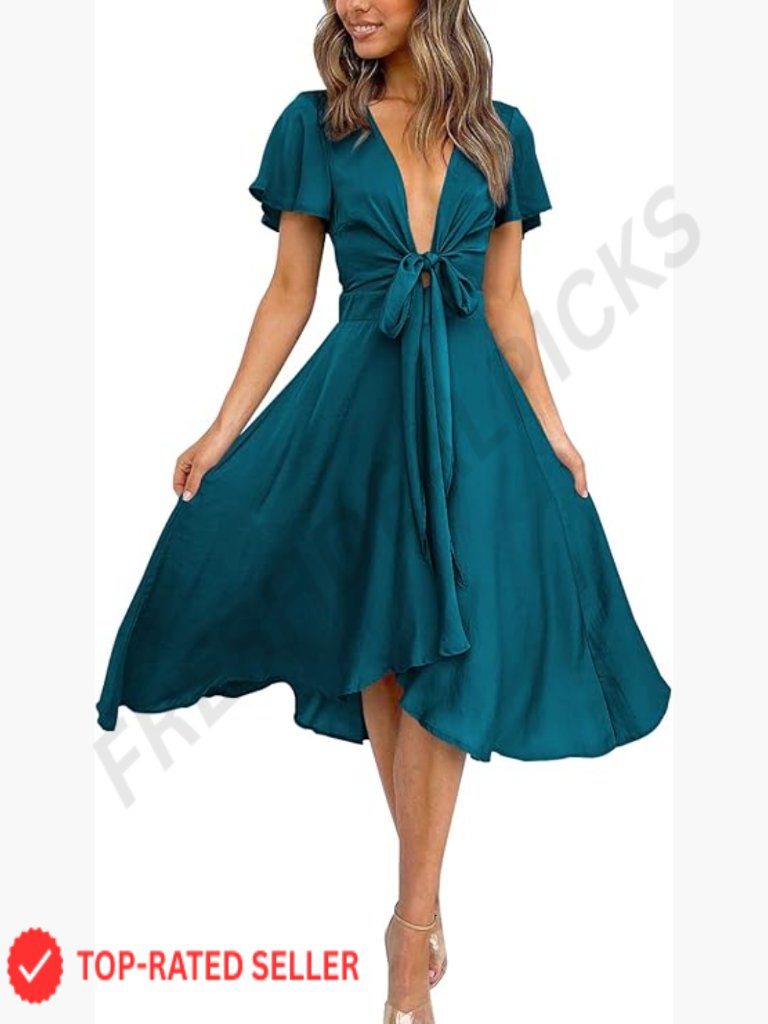 Satin V Neck Ruffle Short Sleeve Tie Front High Waist Midi A-Line Maxi Dress
